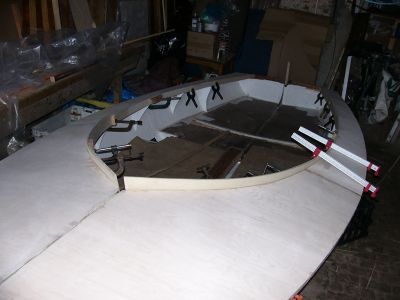 cockpit coaming offered up prior to screw and glue. I know - not enough clamps! I put on a load more after this photo was taken.
Keywords: n18-sibrwd
